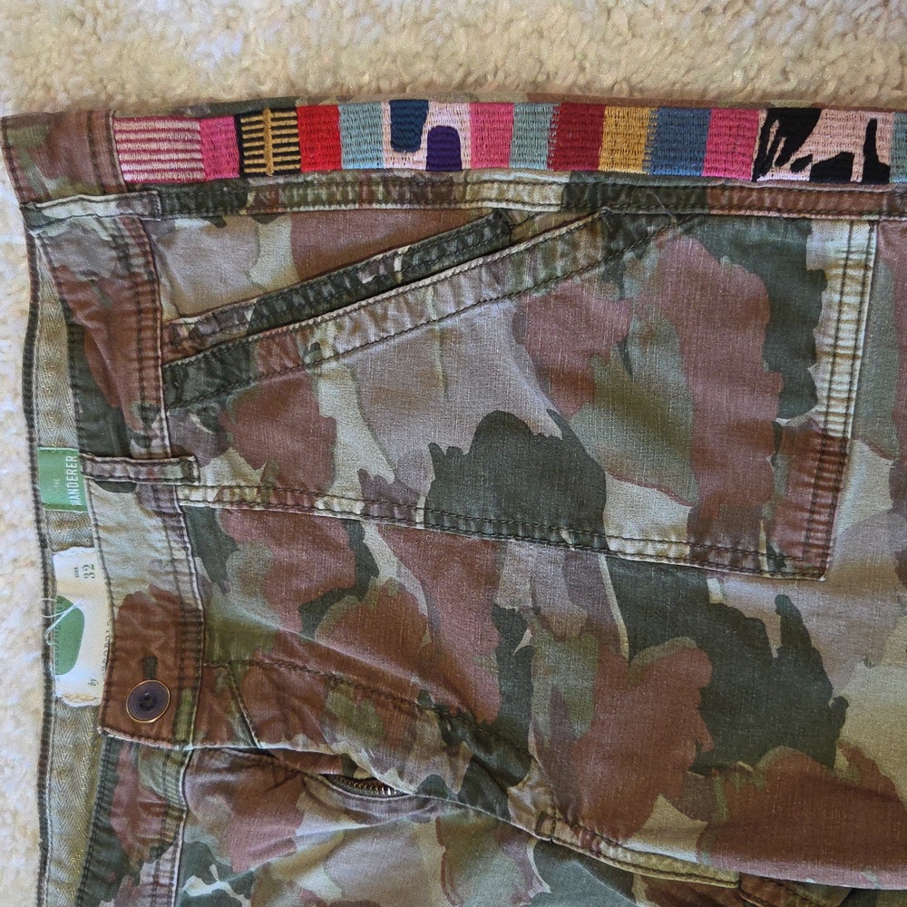 Anthropologie Green and Brown Camouflage Pants With Tribal Embroidery, Size 32 - Picture 3 of 11